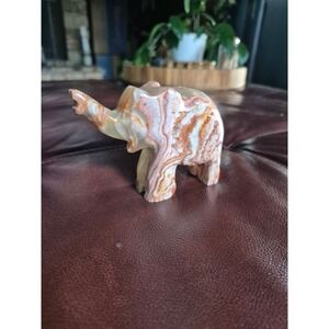 Vintage Hand Carved Banded Onyx Elephant Figurine Lucky Trunk Up Stone Decor 4in